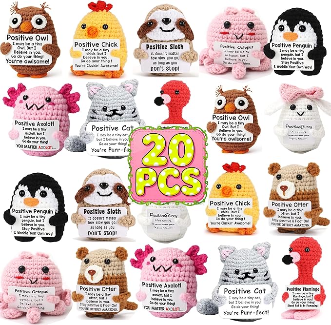 20 Pack Positive Crochet Animals - Emotional Support Gifts