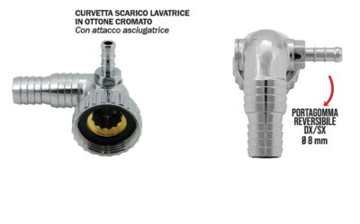 CURVA CURVETTA SCARICO LAVATRICE ottone cromo CON ATTACCO ASCIUGATRICE reversib
