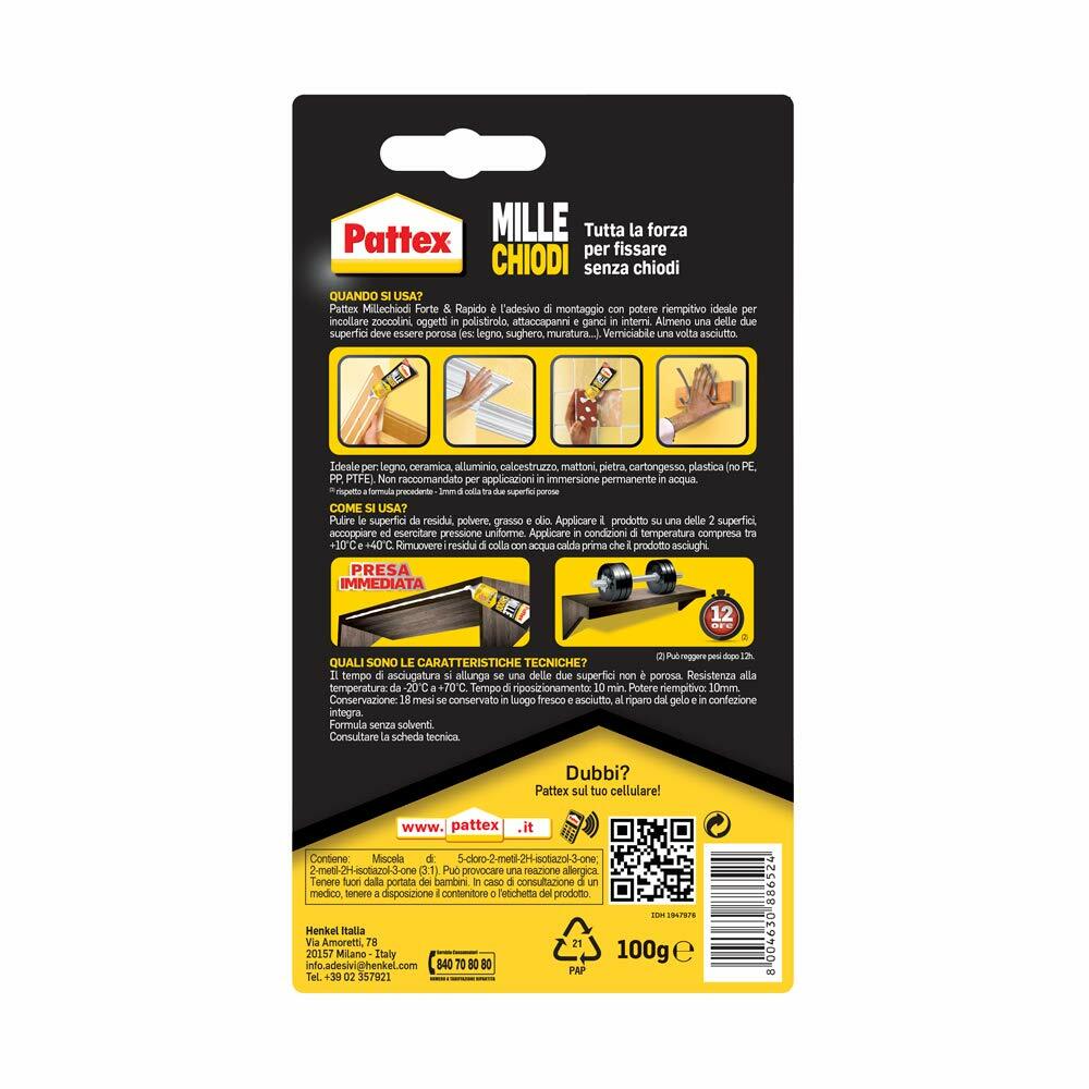 MILLECHIODI PATTEX FORTE&RAPIDO ADESIVO COLLA MONTAGGIO RESISTENTE ACQUA 100 GR