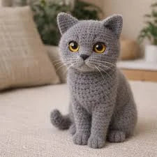 Soft knitted cat plushie with handmade-style details and huggable design