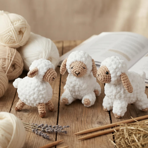 Three crocheted sheep figures on a wooden table with yarn and an open book